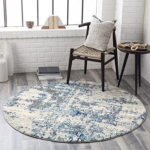 Livabliss Moroni Abstract - Area s Living Room 160 cm, Dining Room, Lounge, Kitchen, Bedroom - Modern Marble, Soft Luxurious Easy Care Medium Pile Round, Silver, Navy Blue, Grey