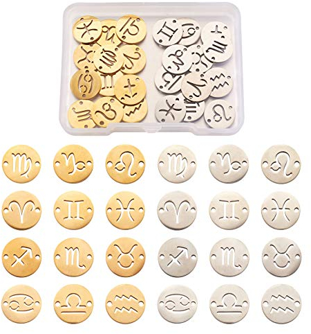 Craftdady 24 Stück Titan-Stahl 12 Sternbilder, flache runde Charm-Glieder mit 2 Löchern, Sternzeichen, Armbandverbinder, Anhänger, doppelseitig für DIY-Schmuckherstellung, Golden & Platin
