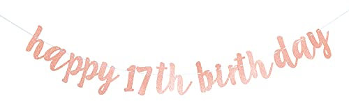 Bng-bng 17th Birthday Decorations for Girls - Rose Gold Happy 17 Bunting, Glittery Hanging Garland for Seventeen Years Theme Party, Photo Backdrop