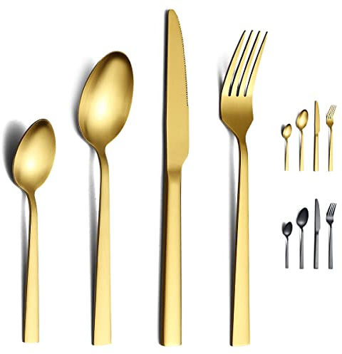 Matte Gold Cutlery Set 24 Pieces,Kyraton Titanium Golden Plated Stainless Steel Cutlery Set,Stainless Steel Flatware Set, Flatware Silverware Sets with Knife Spoon Fork Service for 6
