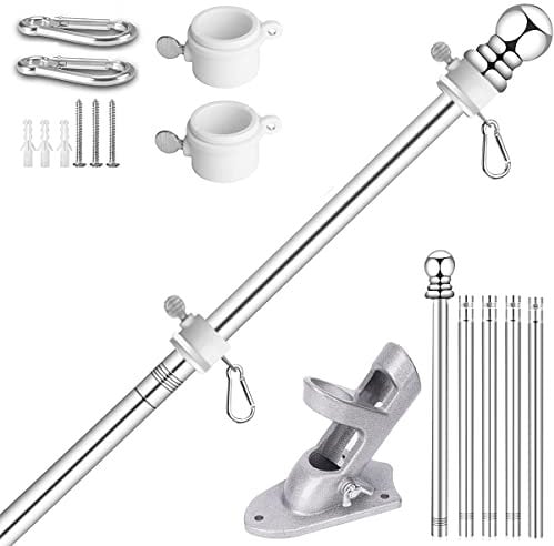 Verdenu 6 FT Wall Mounted Flag Pole, Adjustable Stainless Steel Flag Pole Kit with Holder, 360° Tangle Free Wall Mounted Flagpole for Outside House Garden Commercial (White)