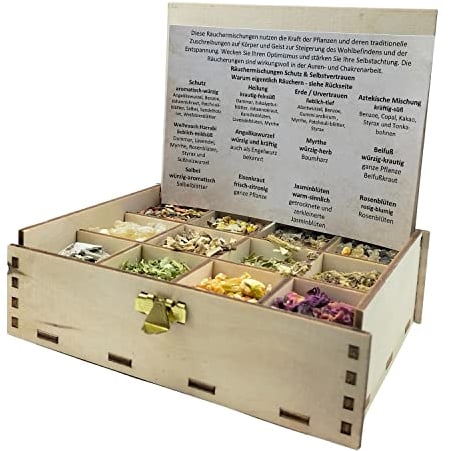 Räucherbox Geschenkbox mit 12 Sorten Räuchermischungen Schutz & Selbstvertrauen, 14 x 10 x 4 cm