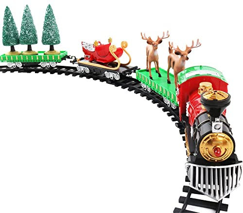 QIYHBVR Juego De Tren Navideño, Juego De Tren De Juguete, Vía Elevada con Locomotora, Papá Noel, Muñeco De Nieve, Árbol De Navidad, Luz De Vagón De Carga, Juego De Tren Eléctrico Fácil De Montar