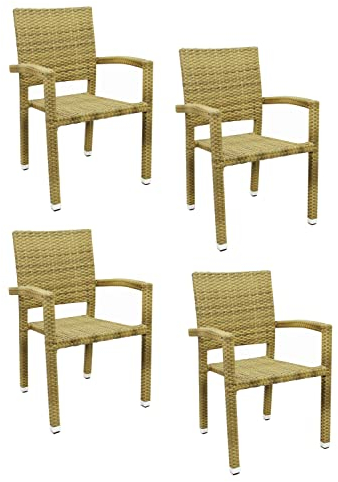 Konway 4X Porto Stapelsessel Elfenbein Polyrattan Garten Sessel Stuhl Set beige Gartenstühle Gartenmöbel Terrasse Sitzgruppe Outdoor Lounge Möbel