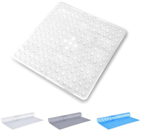 Oxford Homeware Shower Bath Mat Non Slip Anti Mould – White 53x53cm Square Shower Mat for Bathtub and Bathroom with Drain Holes and Strong Suction Cups Machine Washable Bath Mats