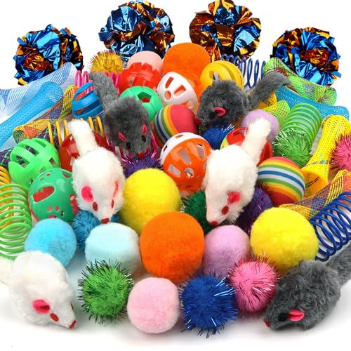 QUOZUO Katzenspielzeug Bälle, 60 Stück Katzenspielzeug Ball Maus katzenbälle, Katzen Spielzeug Frühling, Mäuse Spielzeug für Katzen Kitten