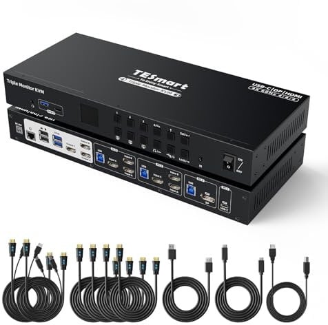 TESmart DP HDMI USB-C KVM Switch, KVM 3 Monitors 4 Computers USB 3.0 4K@60Hz, Triple Monitor KVM Docking Station with MST, Support Locking L/R audio Network, Charging, EDID Emulators, Hotkey Switch
