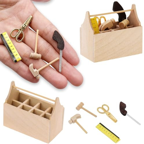Wichtel Zubehör Weihnachten Set, Wichtel Werkzeugkasten Set mit Holz Mini Werkzeugkiste Scheren Hammer Säge Miniatur Werkzeug Set, Miniatur Werkzeug Set Puppenhaus Zubehör Wichtelzubehör 1:12
