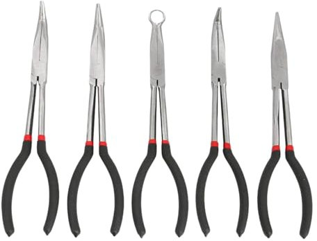 Dualoai Set di Pinze a Becchi Lunghi, Pinze a Becchi Lunghi con Impugnatura Antiscivolo Morbida, Strumento di Riparazione, Pinze a Becchi Piegati per Veicoli Industriali, Elettricisti, 5 pezzi