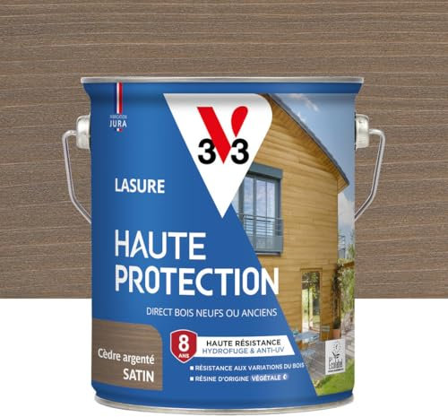 V33 Lasure Bois extérieur Cèdre argenté satin - Haute Protection 8 ans - Haute résistance hydrofuge et anti-UV - Résiste aux variations du bois - Ecolabel, résine d'origine végétale - 2,5L
