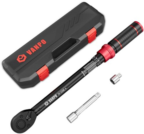 VANPO Clé dynamométrique 1/2, 20-220 Nm, 72 dents avec tige d'extension de 125 mm, adaptateur 3/8, pour changement de pneu