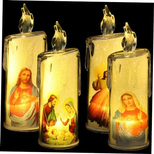BEBEMOKO 4pcs Led Candle Lamp Jesus Electric Candle Light for Christmas Easter Spiritual Home Decor Warm Light for Table Desk Unique Religious Without Base