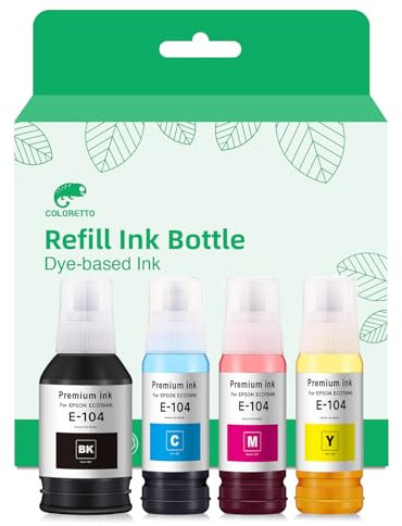 COLORETTO 104 Encre Compatible avec Epson 104 Bouteille d'encre Multipack pour ET-1810 ET-2726 ET-2810 ET-2811 ET-2812 ET-2814 ET-2815 ET-2820 ET-2821 ET-2825 ET-2826 ET-4700 ET-4800 ET-4800 ET-2860