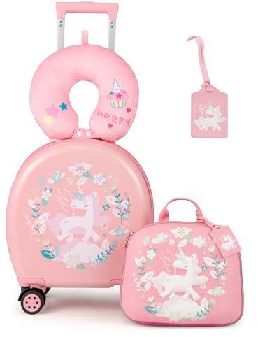 SOARS 4tlg. Kinderkoffer Set, 14” Kindertrolley mit Rucksack, Nackenkissen, Kofferanhänger, Kindergepäck mit Rollen & Teleskopgriff, Reisekoffer Kinder Jungen & Mädchen (Einhorn)