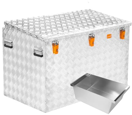 Alubox ABX-R520PE Aluminium Riffelblech Pritschenbox Transportkiste Staukasten mit eingerückter Scharnierposition und Schrägdeckel - 520 Liter - im Set mit 1x Aluminium Sortiereinsatz