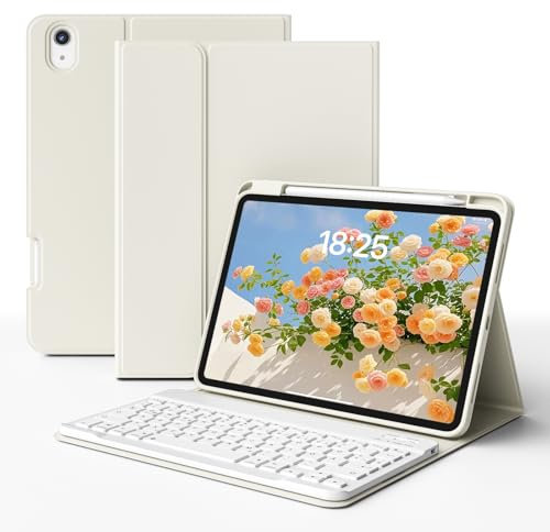 ZKTUYU Étui avec clavier pour iPad (A16) 11 2025/10e génération 10,9 2022, disposition QWERTZ allemande Clavier Bluetooth magnétique amovible pour iPad 11e/10e génération, blanc crème