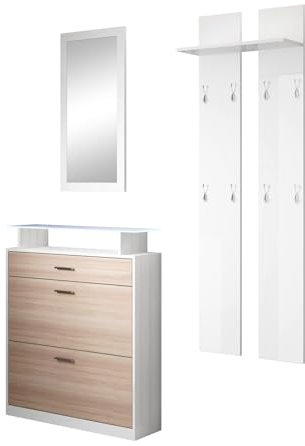 MB Muebles Bonitos, Ensemble Meuble d’Entrée Paola Set avec Meuble à Chaussures, Miroir, Porte-Manteau, Lumière LED, Design Moderne, Mélamine Mate et Brillante, Couleur Blanc et Sonoma