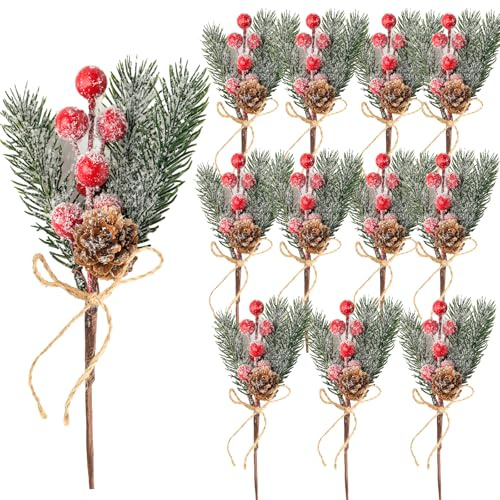 Fangoo 12 Stück 20cm Künstliche Tannenzweige mit Sprühen Roten Beeren Natürlichen Tannenzapfen Weihnachten Dekorationen für Tischdeko Weihnachten DIY Bastelgeschenk Kränze Urlaubsdekoration
