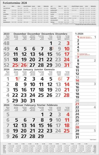 3-Monats-Planer Combi Grau 2024: 3-Monatskalender groß I Wandplaner / Bürokalender mit Datumsschieber, Ferienterminen, Vor-und Nachmonat und Jahresübersicht I extra Streifenplaner I 30 x 47,8 cm