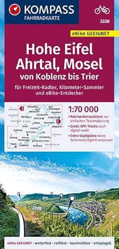 KOMPASS Fahrradkarte Hohe Eifel, Ahrtal, Mosel, von Koblenz bis Trier 1:70.000, FK 3338: reiß- und wetterfest mit Extra Stadtplänen (KOMPASS-Fahrradkarten Deutschland, Band 3338)