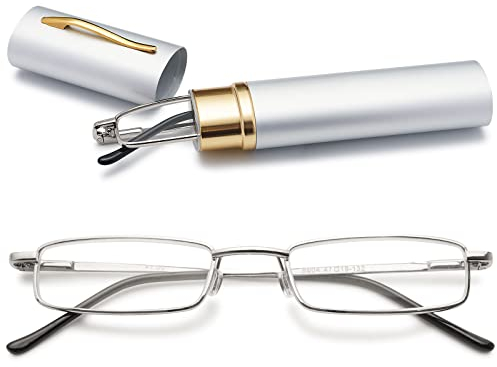 VEVESMUNDO Herren Lesebrille Mini Reise Kleine Kompakte Schmal Metall Lesehilfe Brillen Mit Etui +1.0,+1.5,+2.0,+2.5,+3.0,+3.5,+4.0 (1 x Silber Blaulichtfilter Lesebrille, 1.5)