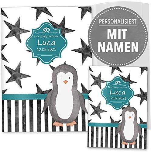 OLGS U-Heft- und Impfpasshüllen 3-teilig Set Creative Royal | Untersuchungsheft Hülle & Impfpasshülle personalisierbar mit Namen und Geburtsdatum (U-Heft Set 3-teilig personalisiert, Pinguin)