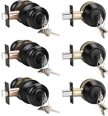 KNOBWELL Paquete de 3 pomos de puerta de entrada con llave igual y cerradura de cerrojo de un solo cilindro, juego de seguridad para puerta exterior y delantera, cerraduras de puerta de entrada con