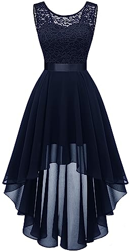 Berylove Brautjungfer Kleid Hochzeit Spitzenkleid Elegant Vokuhila Kleid Cocktailkleid Ärmellos Abendkleid Chiffon Marineblau BLP7035 Navy L