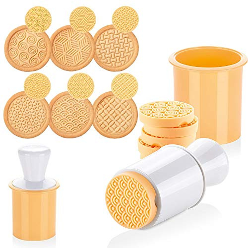 KAISHANE Silicone Cookie Stamps Set for Baking - Geo Geometric Figure Cookie Stamps with Handle and 6 Silicone Stamps High Heat Resistant to 480°F Yellow Color