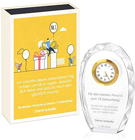 Maverton Glas-Statuette mit Uhr - Statuette mit Gravur - in personalisierter Box - Kristall Statuette - Uhr mit 3D-Gravur - für Männer Jungs - Ballons