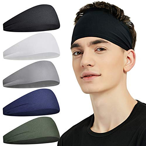Pilamor Sport-Stirnbänder für Herren (5er-Pack), feuchtigkeitsableitendes Workout-Stirnband, Schweißband-Stirnbänder zum Laufen, Radfahren, Fußball, Yoga, Haarband für Damen und Herren (grau, grün,