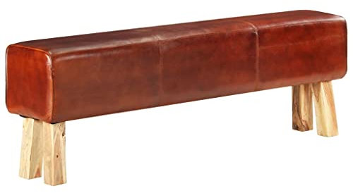 vidaXL Massivholz Bank Garderobenbank Turnbock-Design Sitzbank Sitzhocker Turnhocker Turnbank Flurbank Lederbank 160cm Braun Echtleder Akazienholz
