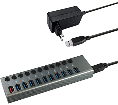 MaxTrack USB 3.0 Hub CH12L - USB 3.0 Hub mit 10 USB Ports, 1 Ladeport für Mobilgeräte, USB Hub mit Netzteil, 5 Gbps, USB Hub Aktiv, 2,4A Ladestation, Einzeln Schaltbar