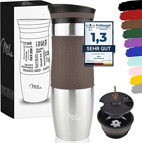 Milu Thermobecher Kaffee to go 370ml, 450ml Isolierbecher Kaffeebecher - 100% Auslaufsicher - Trinkbecher aus Edelstahl - Autobecher doppelwand Isolierung - Thermo Becher - Travel Mug (Braun, 450ml)