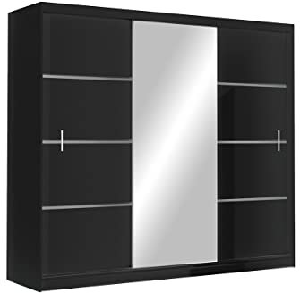 Kleiderschrank Vista mit Spiegel 250 cm, Schwebetürenschrank, Garderobeschrank Schlafzimmer; Wohnzimmerschrank; Korpus Schrank Farbe: Schwarz; Farbe der Schrankfront: Schwarz; Mehrzweckschrank