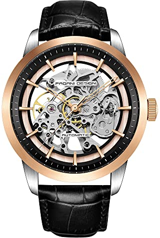Pagani Design PD-1638 Skelettierte Automatik Herrenuhr, Edelstahl Automatik Herrenuhr, 43mm Durchmesser, Lederarmband, Zeigersammlung, Wasserdicht bis 100 Meter