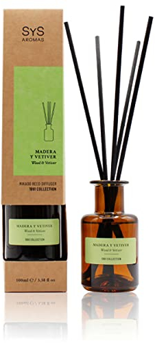 SYS Aromas Ambientador Mikado Madera y Vetiver 1991 - Difusor con Varillas de Ratán - Larga Duración - Ideal para Hogar, Oficina, Baño - 100 ml con 5 Varillas
