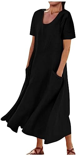 Sommerkleid Damen T-Shirt-Kleid Taschen Baumwolle Leinen Vintage Baggy Kaftan Ärmellos Rundhals T-Shirt Kleid Kleider Strandkleid Freizeitkleid Maxikleid Große Größen