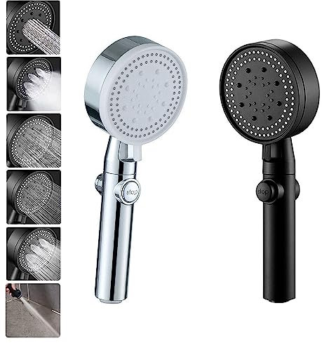 ECOSPA Turbo Charged Booster Shower Handset Head High Pressure, 6 Modes with Water Saving Pause Button, Pulse, Mist, Rainfall, Massage, Mixed & Jet, Multi-Functional, Universal UK Fitting (Silver)