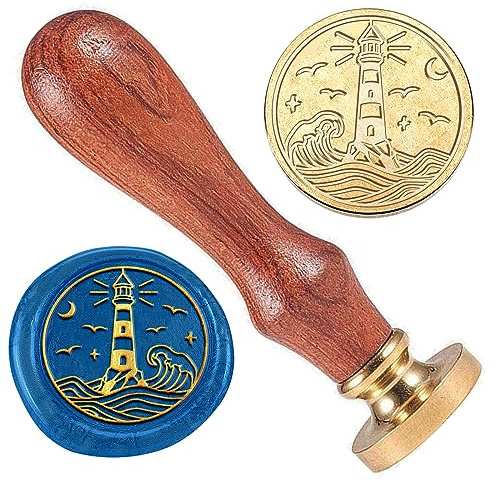 DELORIGIN Sello de cera de faro con forma de ola de mar, sello de cabeza de latón de 1 pulgada con mango de madera, sello de cera retro para envolver regalos, sobres de boda, tarjetas, cartas,