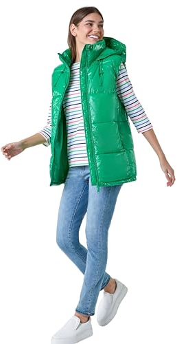 Roman Originals Quilted Gilet with Hood for Women UK Ladies Sleeveless Coat Hooded Jacket Padded Bodywarmer Winter Lightweight Warm Autumn Funnel Neck Longline Soft Bubbly - Green Gloss - Size 16