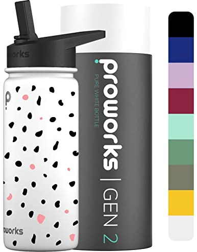 Proworks Gen 2 Insulated Water Bottles with Straw Lid | 1 Litre Stainless Steel Water Bottle, 24 Hours Cold & 12 Hours Hot, Metal Leakproof Flask for Work, Gym, Travel - Pure White - Ditsy Dalmatian