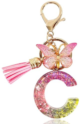 Yanmucy Porte-clés alphabet violet mignon avec pendentif papillon et pampille en résine pour sac à breloques nom porte-clés pour femme et fille, C, taille unique