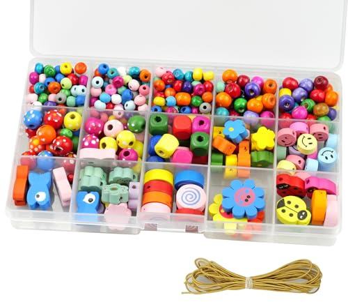 KiKiHong 400 Stück Holzperlen Bunt zum Auffädeln,Holzperlen Bunt Set Kommt mit Nadel und Faden DIY Perlenspielzeug für Armbänder, Schmuck, Halsketten