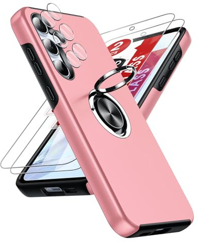 LeYi Coque pour Samsung Galaxy A55 5G avec 2 Verre Trempé Vitre Protection, 2 Protection Camera et Anneau Telephone Invisible, Militaire PC et TPU Etui Antichoc Housse pour Samsung A 55 - Rose