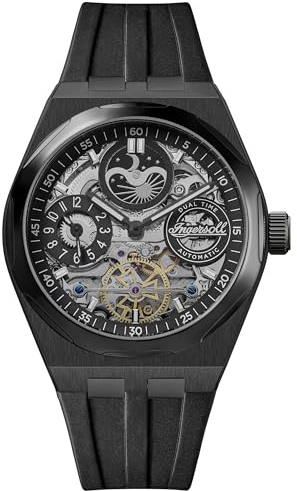 Ingersoll The Boadway 43 mm Automatic Herrenuhr mit schwarzem Skelettziffernblatt und schwarzem PU Armband I12908