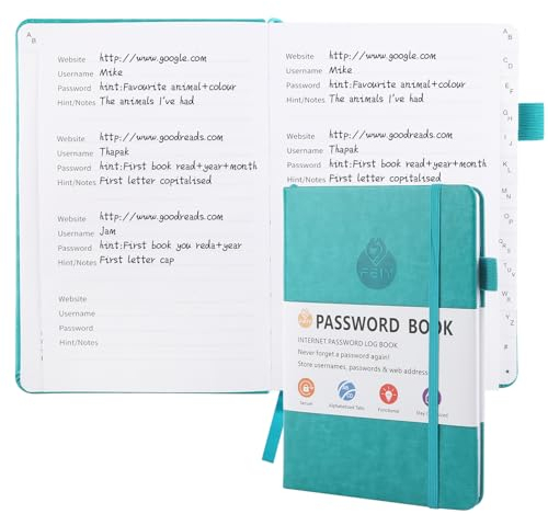 Deepton Passwort Buch, Passwortbuch mit Register A-Z, Password Book mit Adressbuch, Notizbuch mit Register, Passwortbuch mit Innentasche, Telefonbuch mit Register, Passwort Manager - Grün