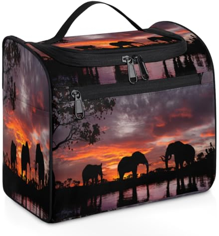 Kosmetiktasche, Motiv: Sonnenuntergang, wilde Elefanten, für Damen, Herren, Kinder, Mädchen, Jungen, Elefanten, 11,2 l, Kosmetiktasche zum Aufhängen, Kulturbeutel, Toilettenartikel, Organizer,