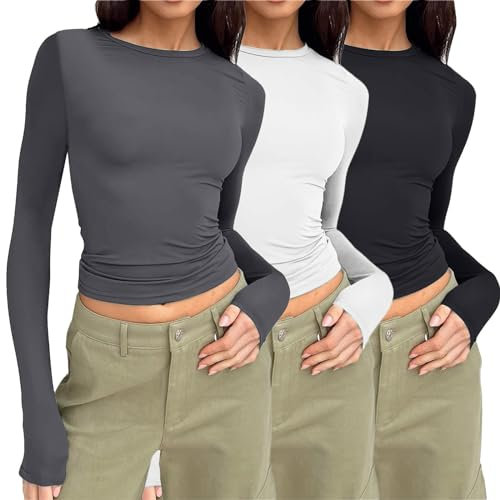 errcom 3 Pieces Women Y2k Basic Long Sleeve Top Slim Fitted Baby Tee Round Neck Skim Dupe Crop Layering Slim Top Blouse Aesthetic Streetwear