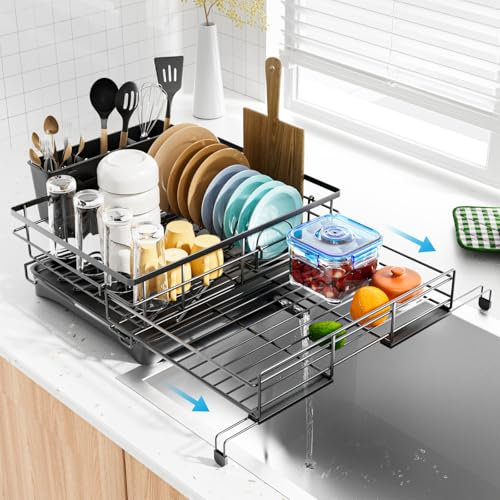 Laveshop Escurridor de platos, expandible, escurridor de platos de gran capacidad para encimera de cocina, resistente al óxido con soporte para utensilios, color negro